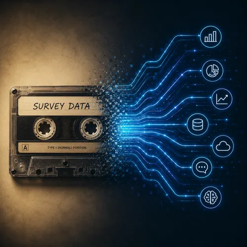 A cassette tape labelled "Survey Data" dissolving into digital particles that flow into a network of analytics, AI, and data-platform icons